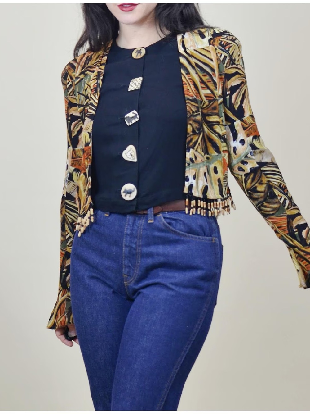 PLATINUM brand Vintage Multicolor Leaf Print Cropped Blouse Jacket RAYON